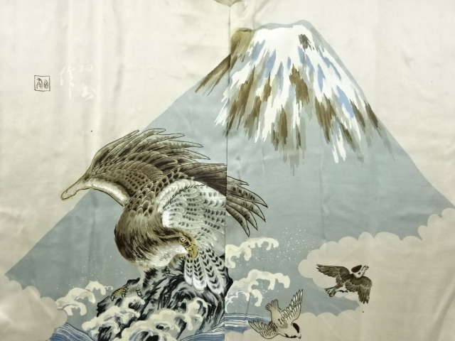 JAPANESE KIMONO / ANTIQUE MENS HAORI (LINING)/ HABUTAE / MT. FUJI & HAWK